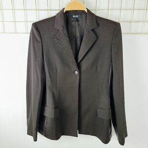 Boss Hugo Boss Dark Brown Virgin Wool Genuine Leather Trim One-Button Blazer